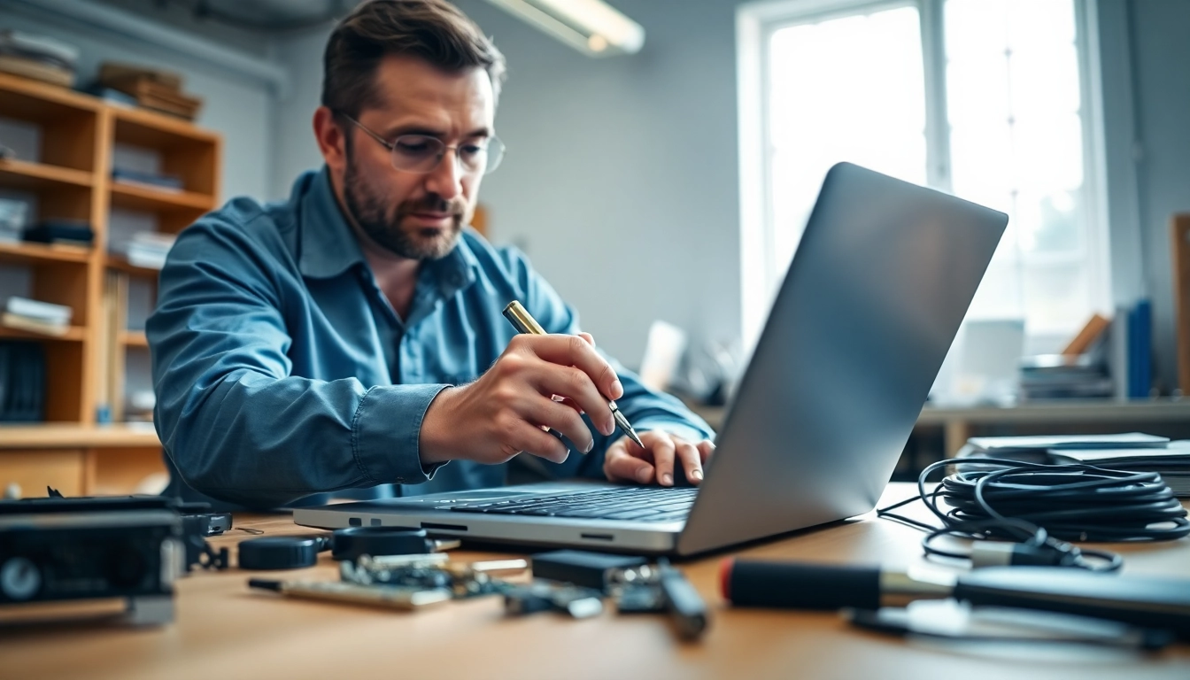 Riparazione computer settimo torinese, tecnico professionista al lavoro su un laptop in un ambiente ben illuminato.