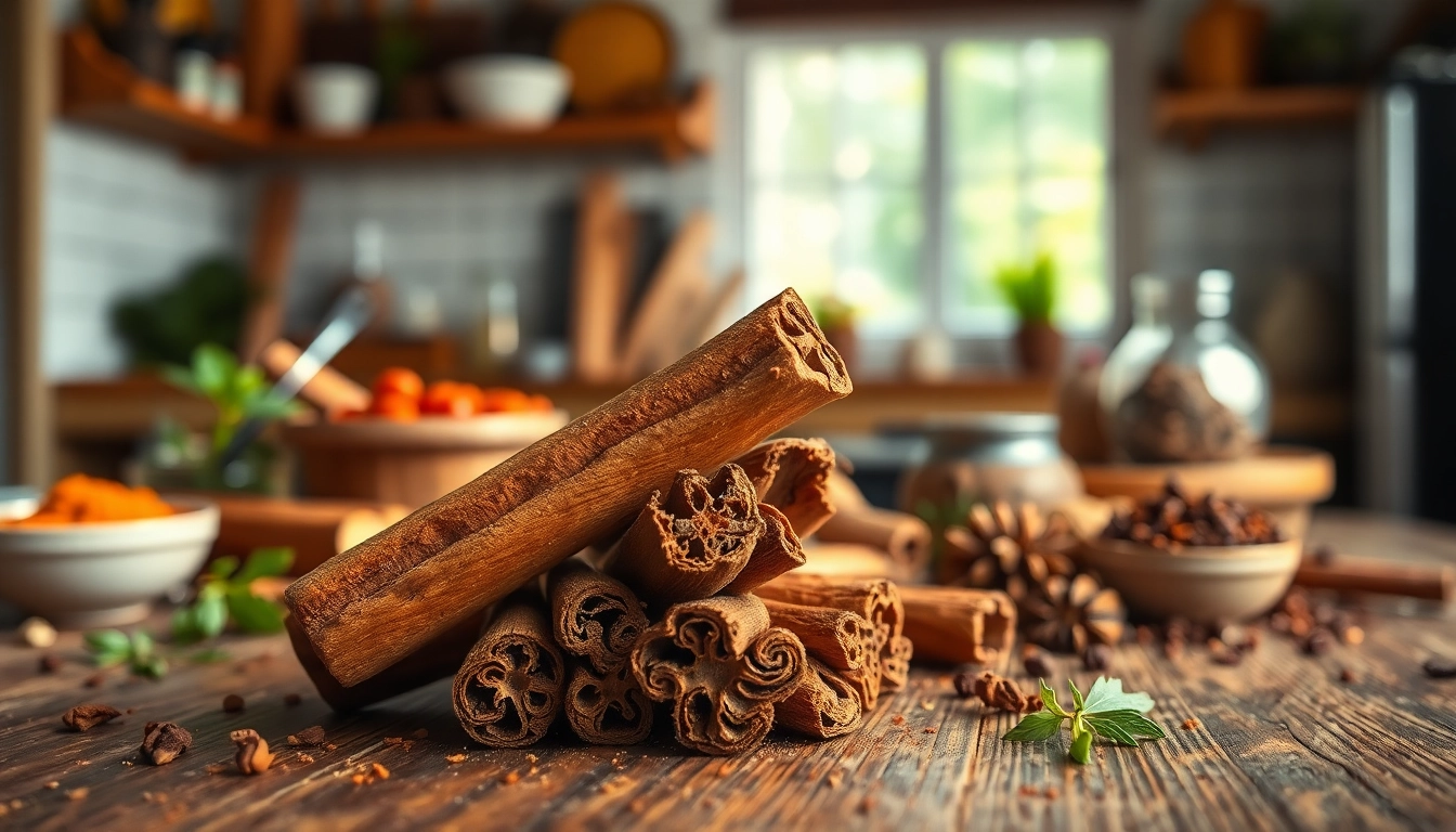 Showcasing beautiful cinnamon bark with spices, highlighting texture and culinary potential.
