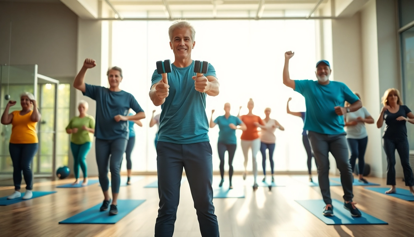 Senior Fitness trainer Jersey City energizing a vibrant group fitness class for seniors.