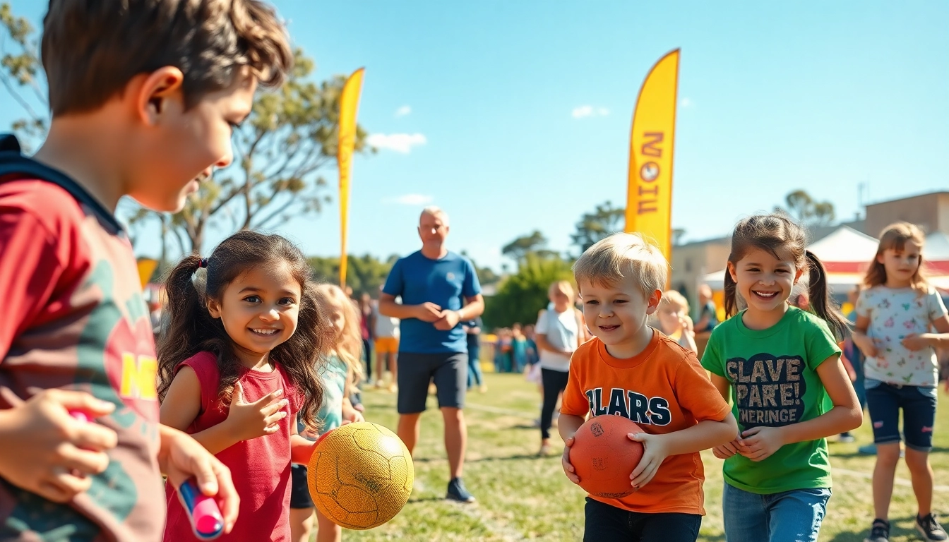 Children enjoying a wildfire event in Perth, participating in outdoor activities and games.