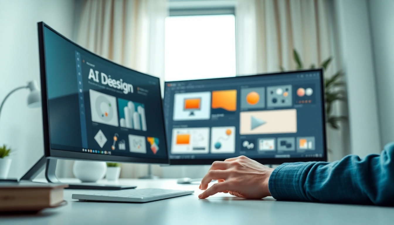 Showcasing AI design tools for businesses in a vibrant workspace with a designer at work.