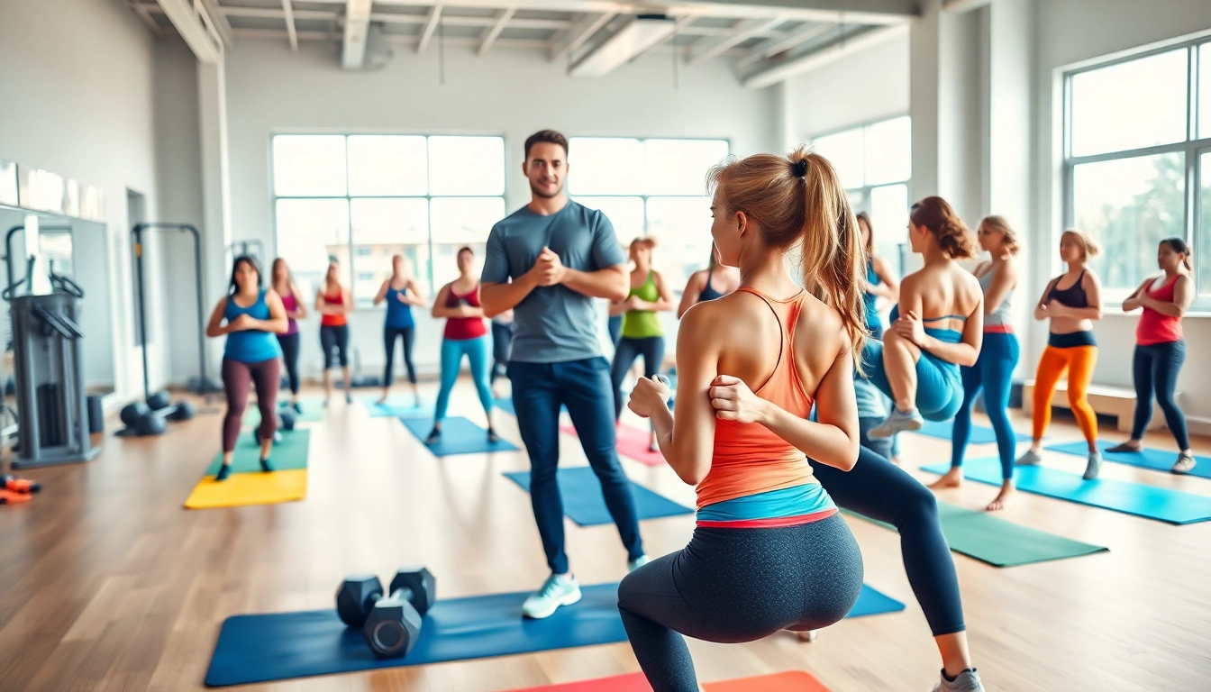 Engaged participants in a gym group training session, highlighting energetic teamwork and fitness.