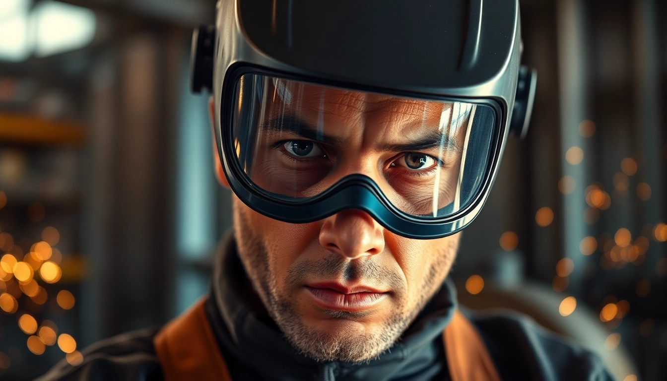 Welder using a speedglas welding helmet while working in an industrial environment.