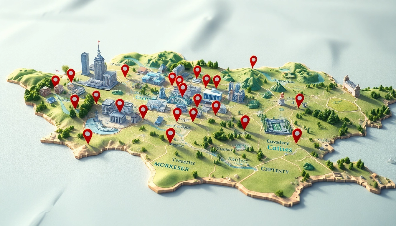 Highlighting Locations on a vibrant map that showcases urban and rural landscapes.