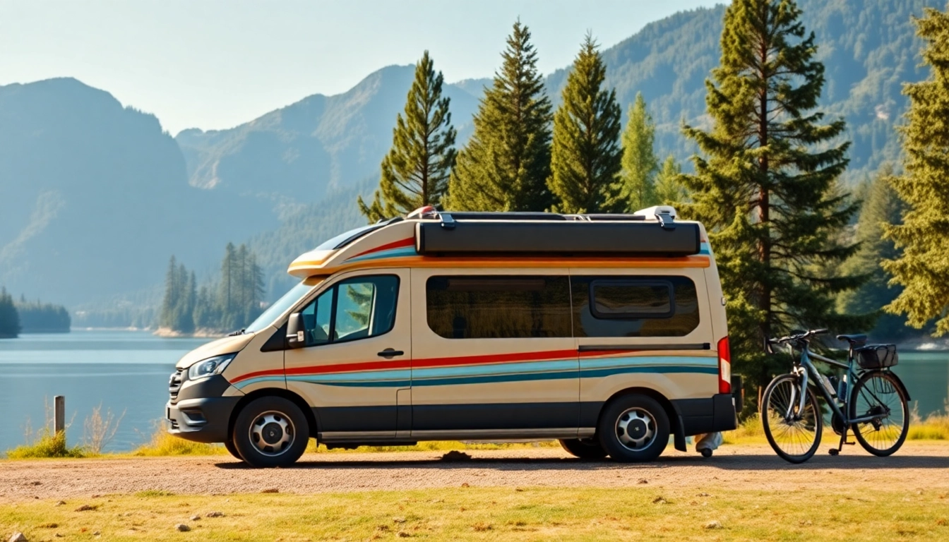 Showcase JRP Campers in a picturesque setting with a colorful camper van by a serene lake.