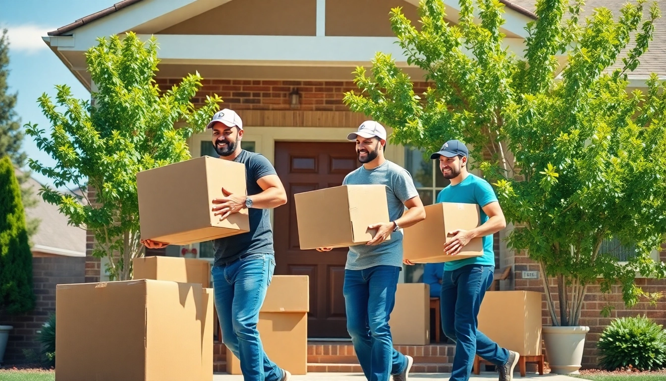Movers efficiently managing house moves with teamwork in a bright suburban neighborhood.