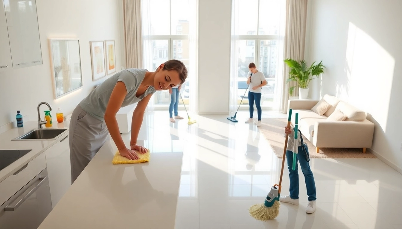 Visible bond cleaning Brisbane service with professional cleaners in a sparkling apartment.