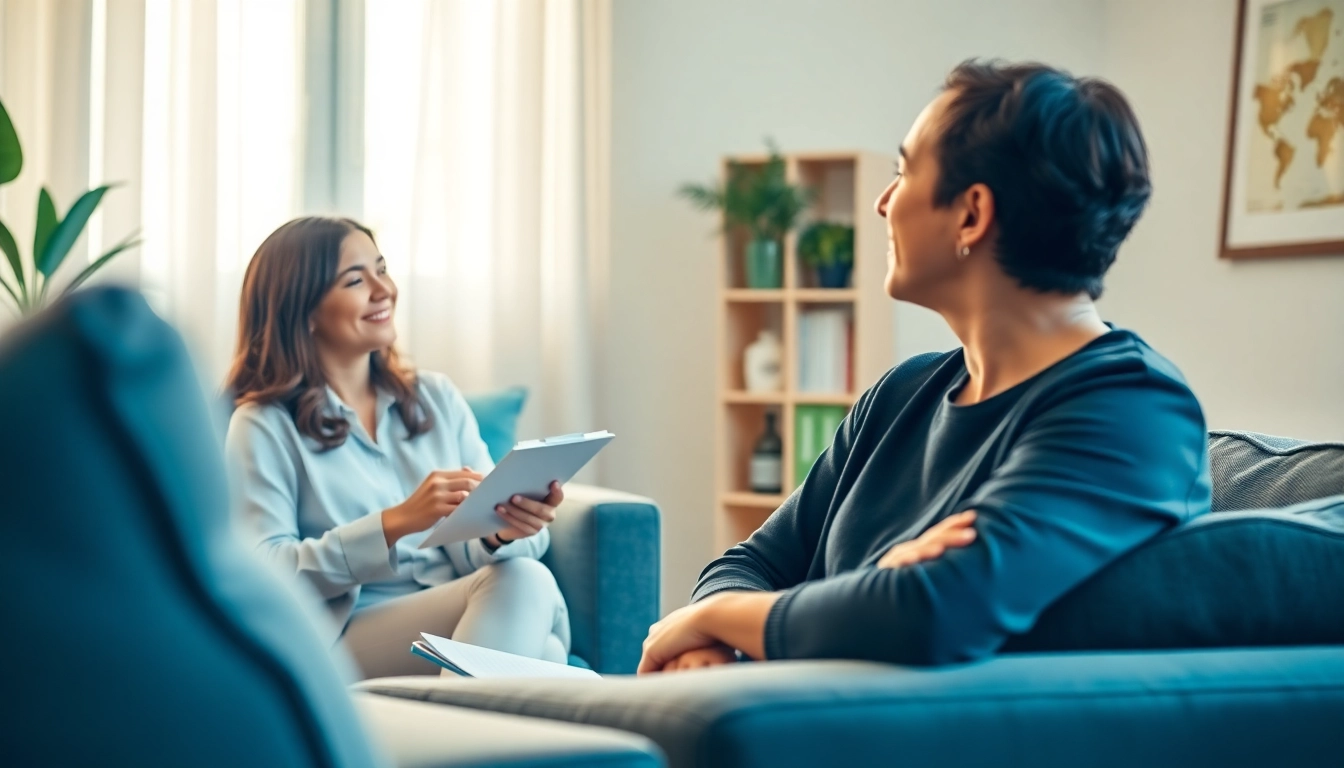 Engaging image of therapist assisting client in dealing with anxiety in a comforting office.