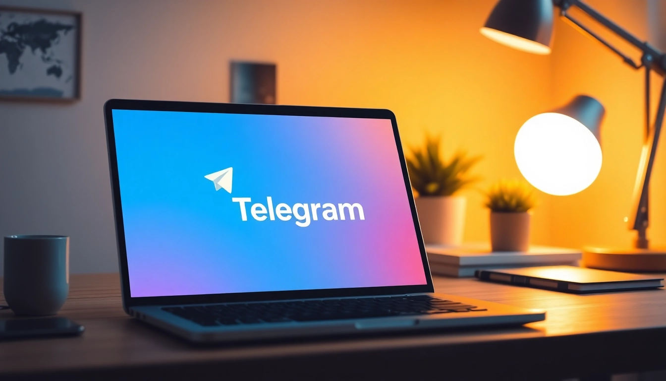 Download telegram电脑下载 on a sleek laptop, featuring the Telegram app interface on-screen.
