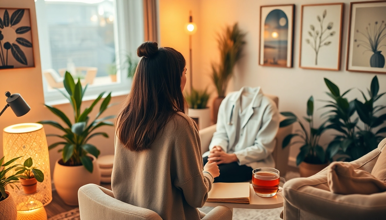 Guide on dealing with anxiety displayed in a calm and inviting therapy session.
