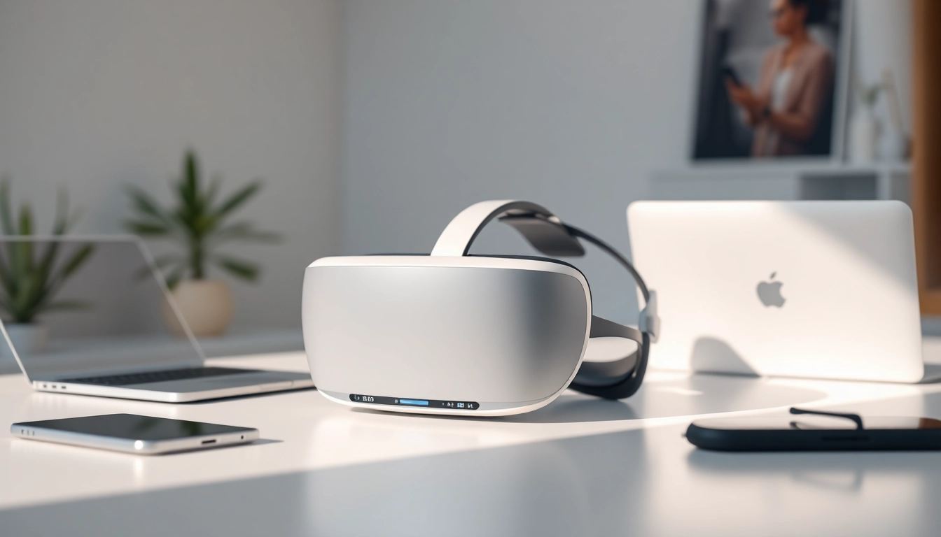 Buy Vision Pro headset shown elegantly on a modern desk, enhancing a tech-savvy workspace.