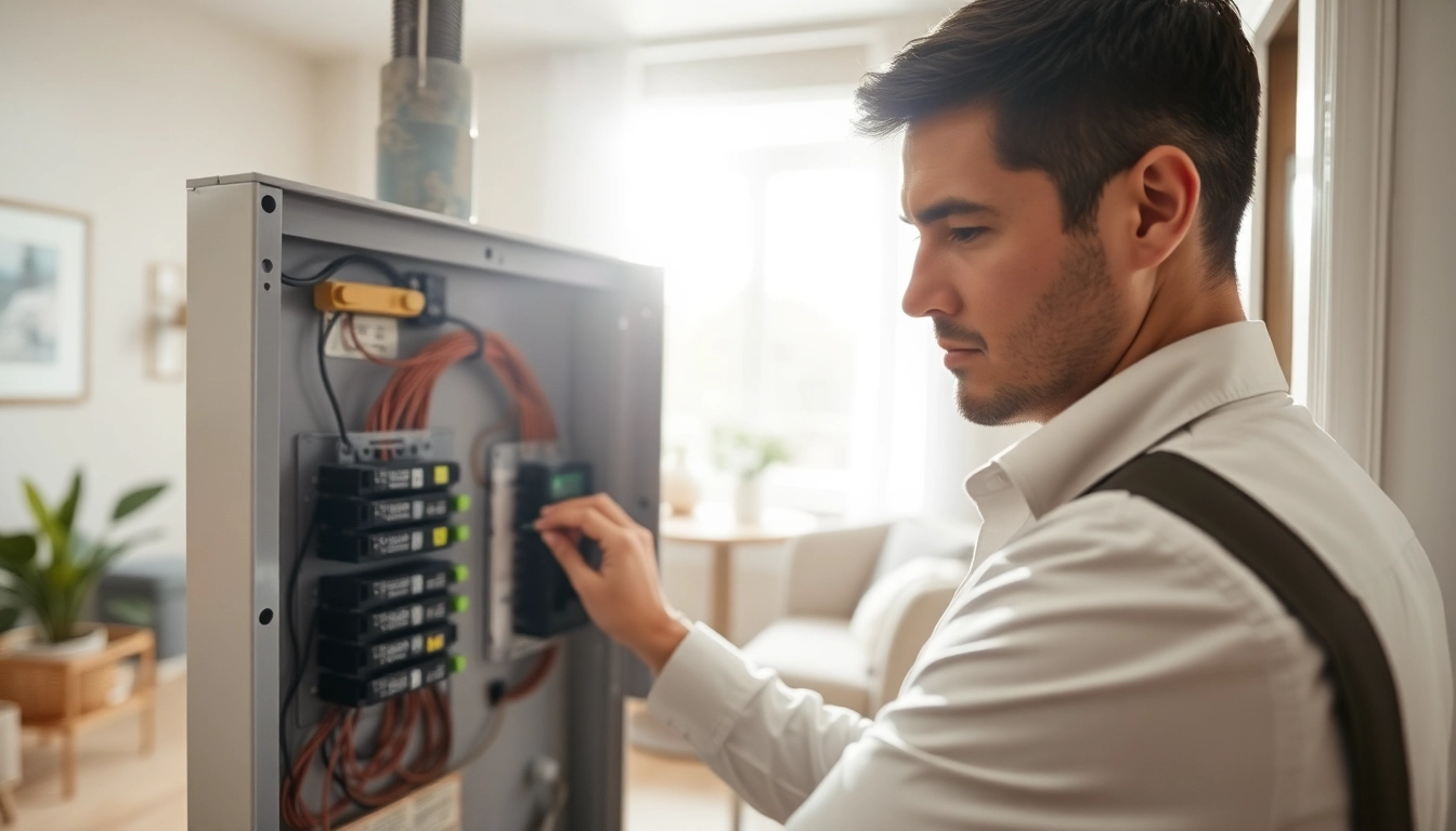 Electrician demonstrates an electrical panel upgrade in a clean, modern home.