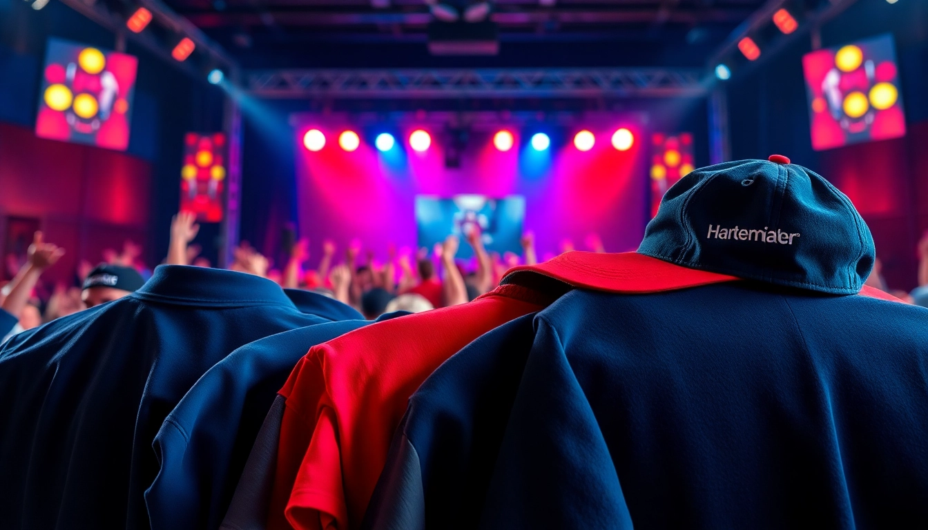 Showcase of vibrant bandwear merchandise at a live concert event, highlighting unique apparel.