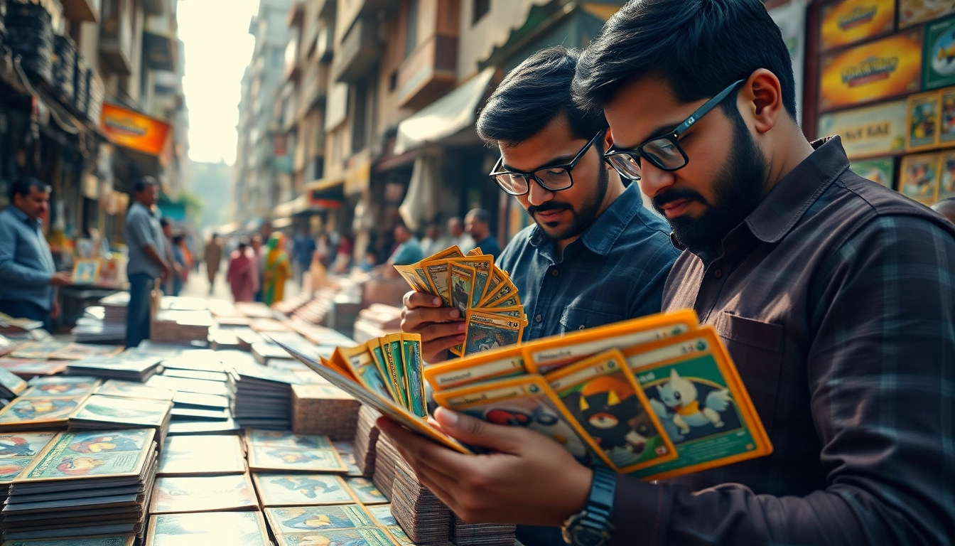 Showcase of real pokemon cards india at a vibrant market, highlighting collectors and trading excitement.