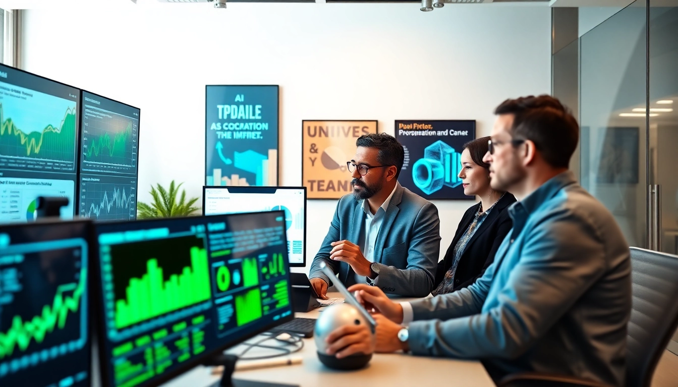 Leverage AI for competitive intelligence with professionals analyzing data and trends in a modern workspace.
