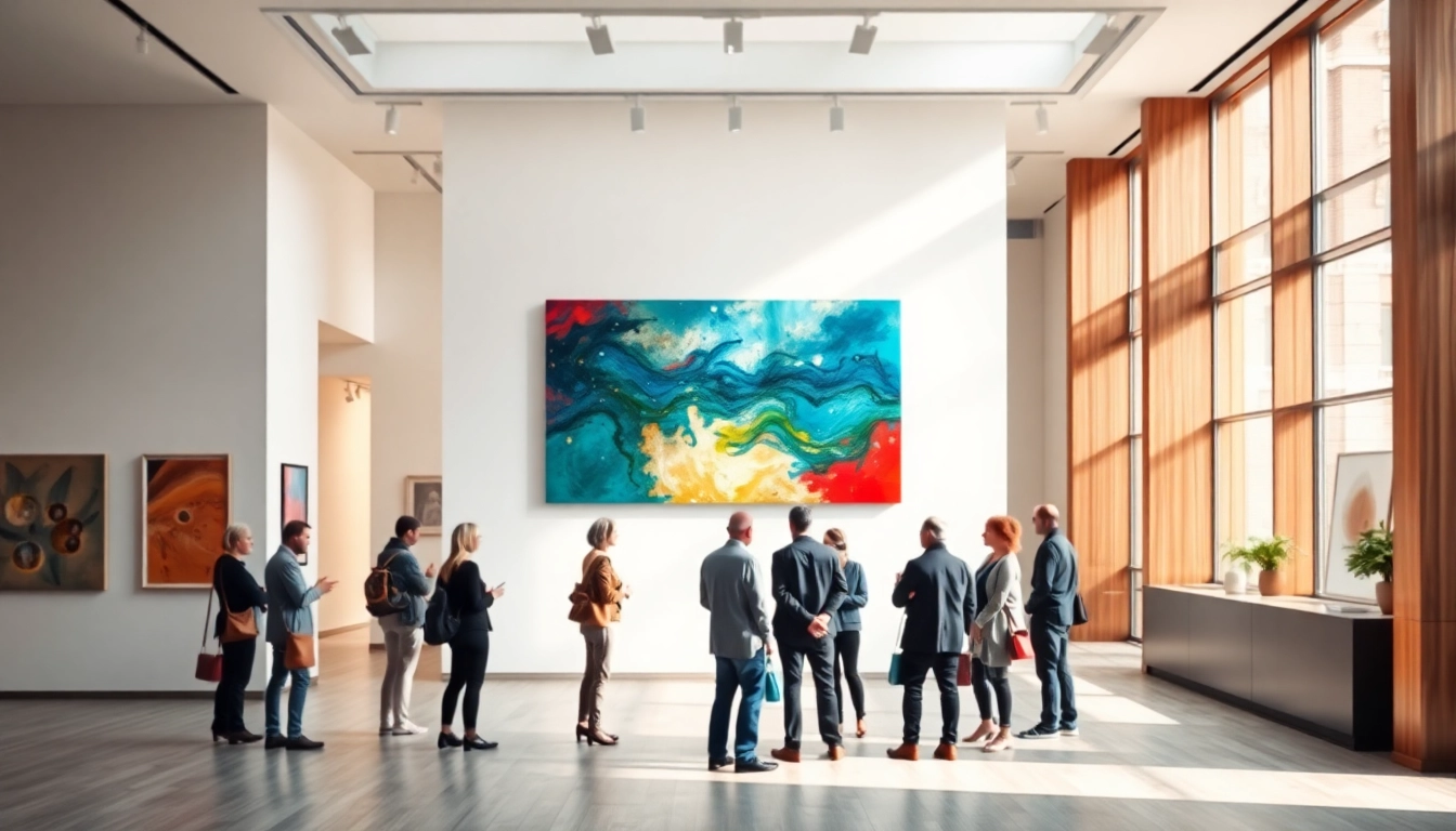 Visitors admiring artwork at in lieu gallery, experiencing contemporary art in a modern space.