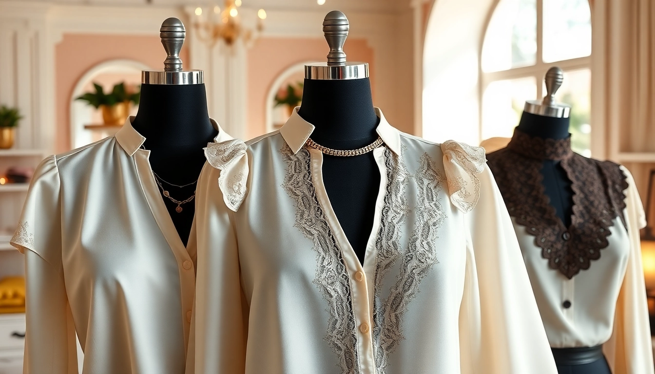 Showcase of elegant blouses highlighting intricate designs and textures in a fashionable boutique.