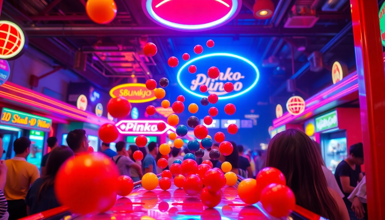 Permainan plinko indonesia yang seru dengan bola berwarna-warni di arcade.
