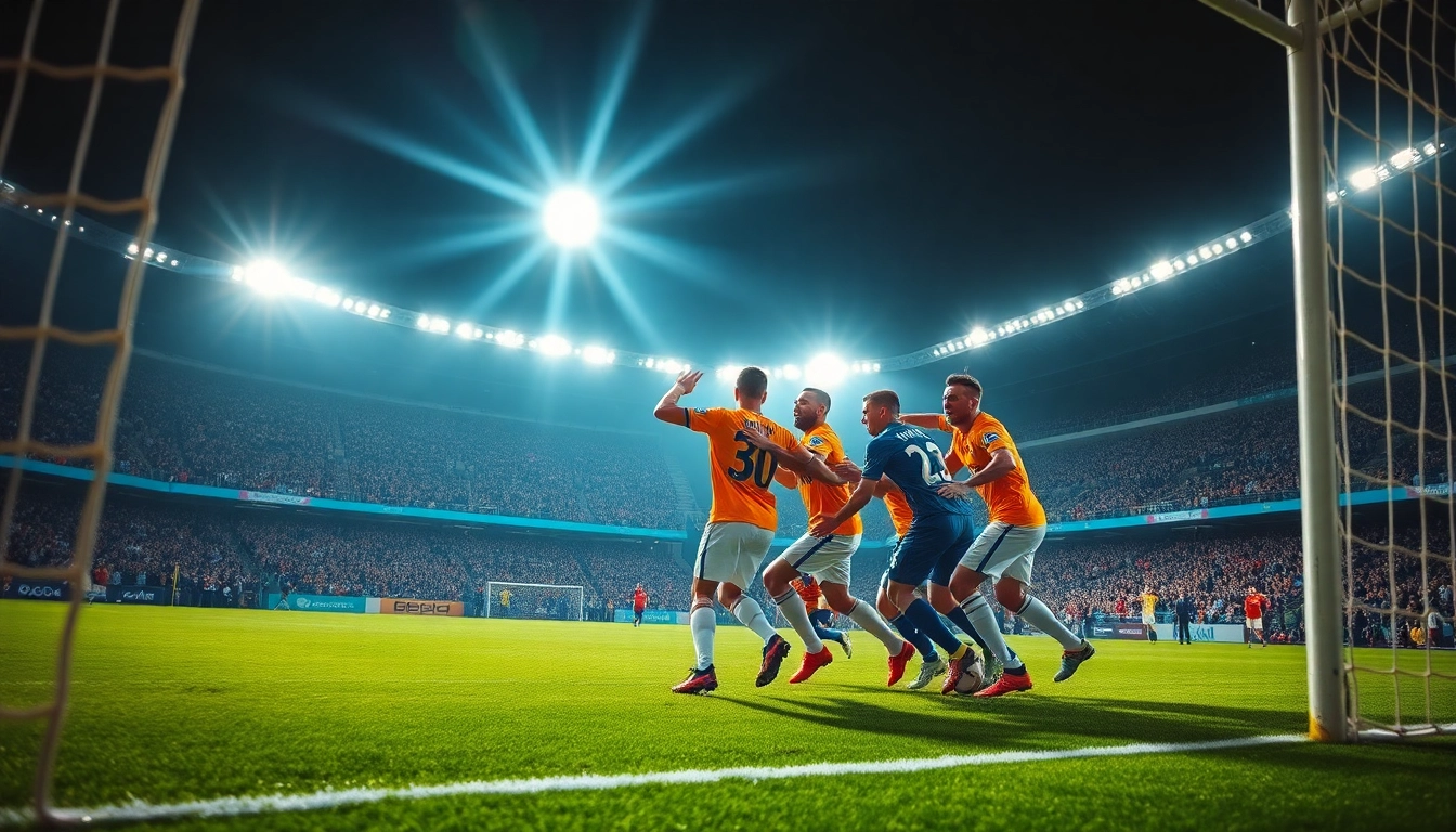 Exciting soccer players celebrate a goal at a situs judi bola event with energetic ambiance.