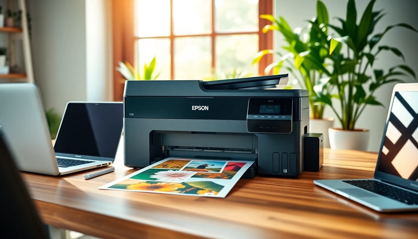 Showcasing an Epson Printer in a bright home office, demonstrating sleek design and vibrant prints.