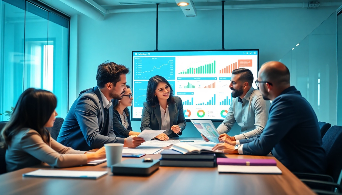 Team discussing competitive intelligence strategies in a modern office setting with data presentations.