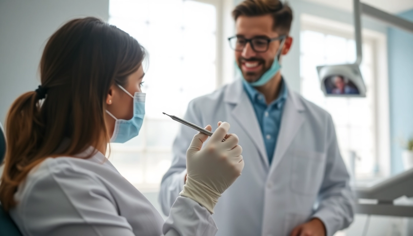 Dentist conducting checkups with a caring approach in a bright dental office.