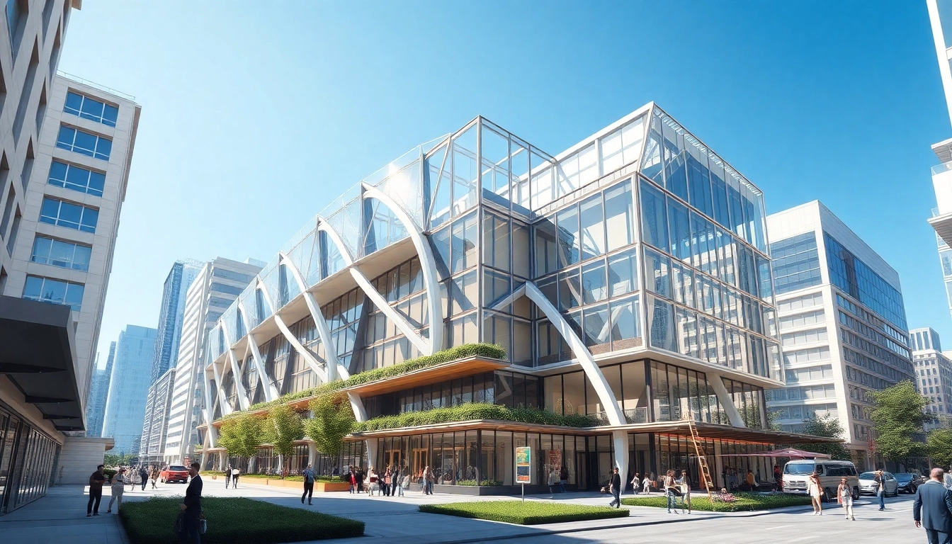 3d visualisierung eines modernen architektonischen Gebäudes in einer urbanen Umgebung.