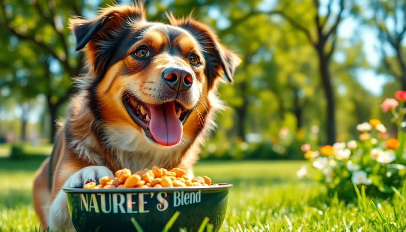 Happy dog enjoying nature's blend dog food Canada in a sunny outdoor park setting.