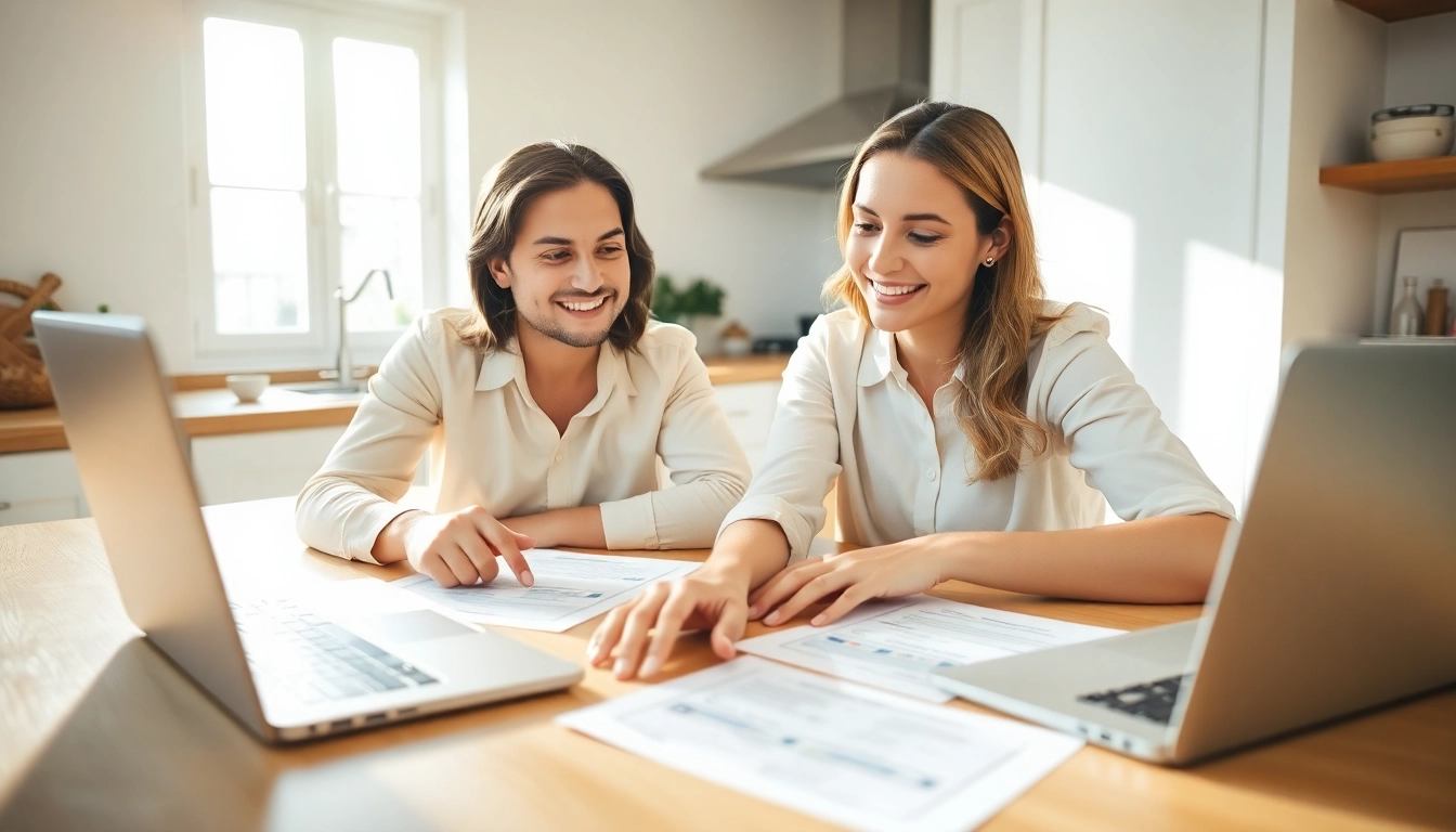 Engaging couple reviews earnest refinance referral documents at a bright kitchen table.