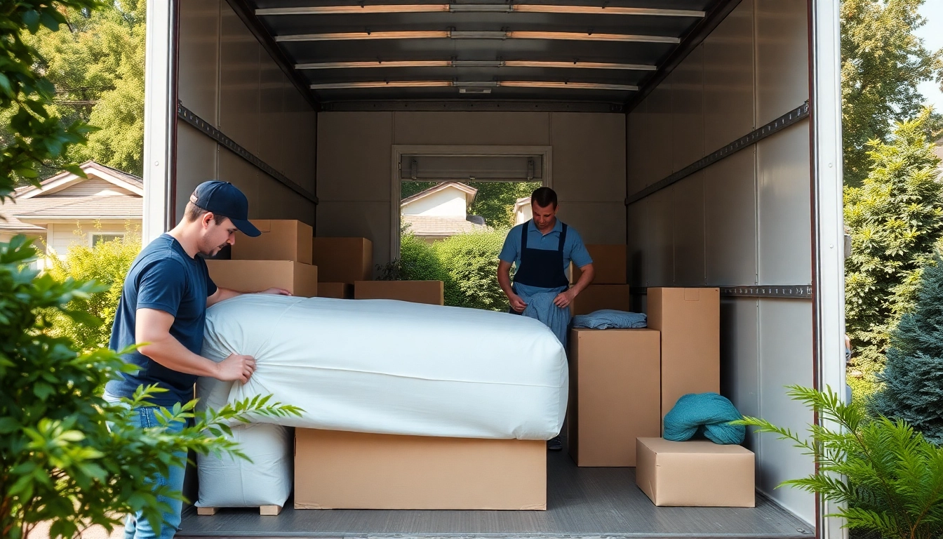 Packing process by https://bennettsmoving.com/ showcasing professional movers in a sunny suburban setting.
