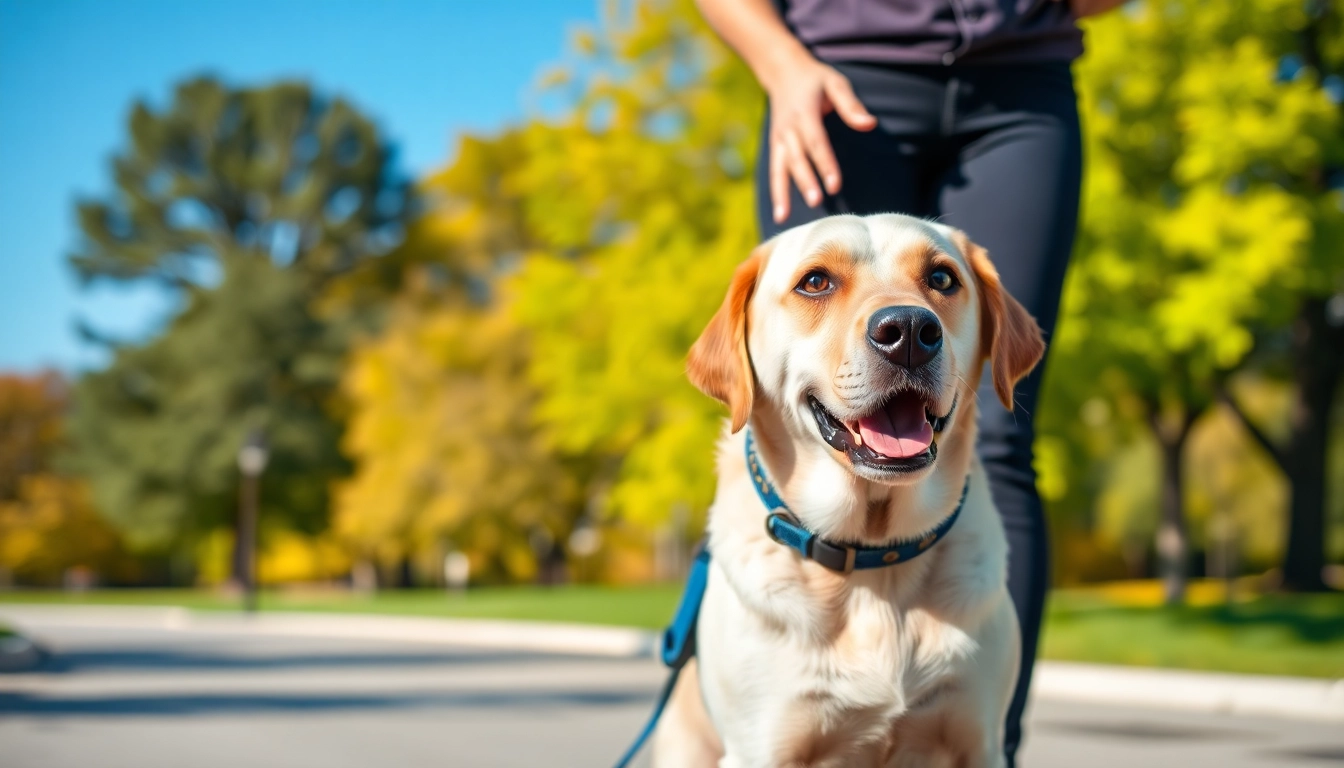 Buy a service dog while showcasing a handler training a service dog in a park setting.