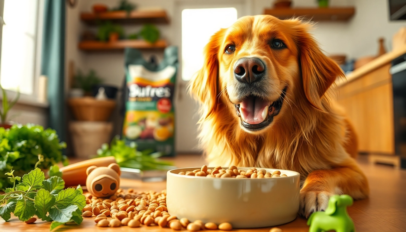 Dog happily eating badlands ranch dog food from a bowl in a sunny kitchen.