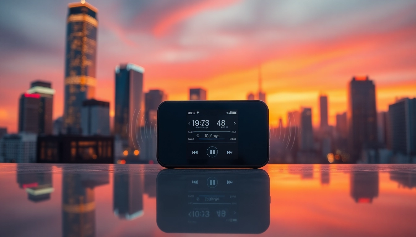 Experience https://hardwareplayer.com through a modern digital music player in an urban sunset setting.