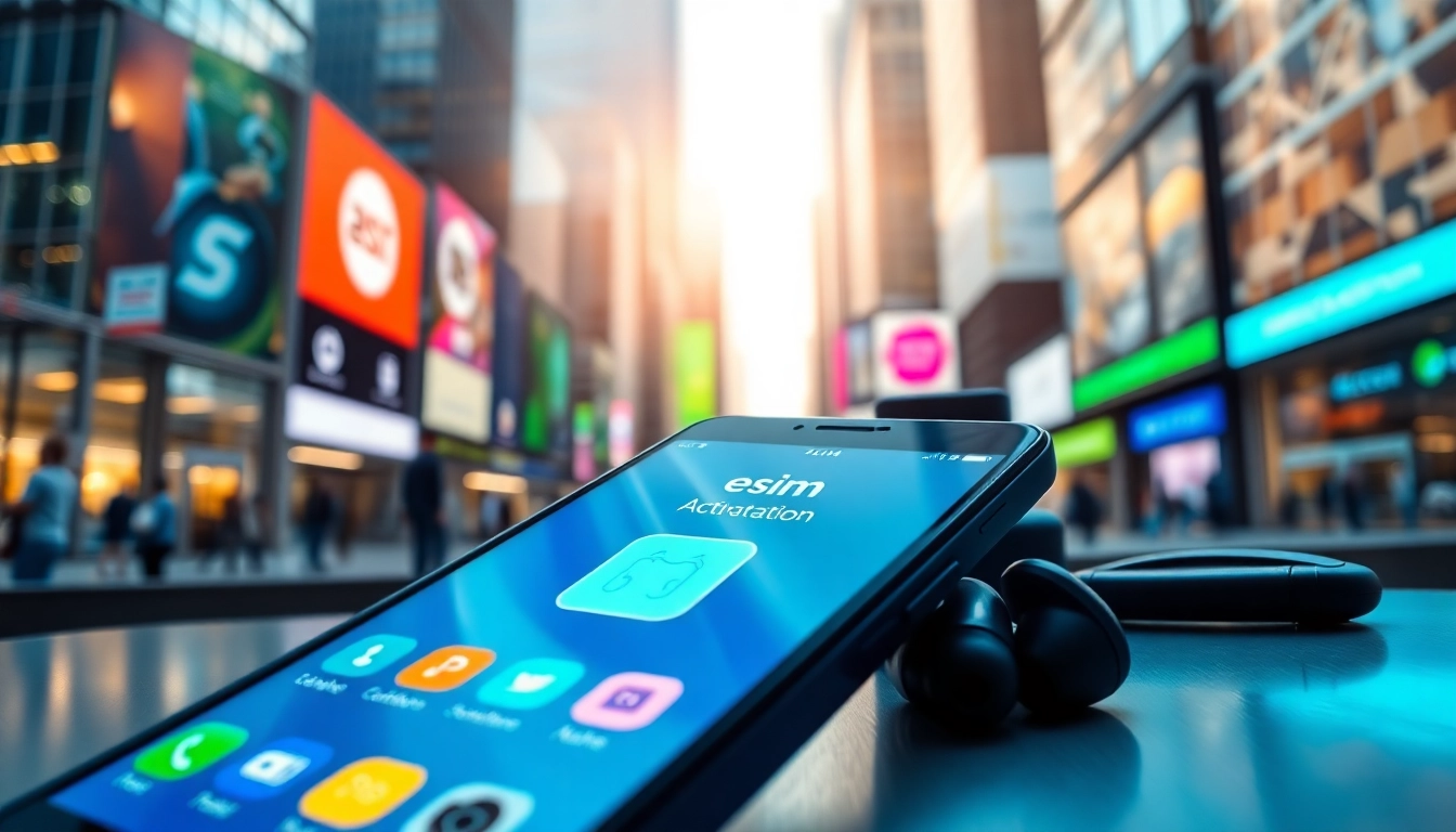 Activate esim settings on a smartphone in a vibrant urban tech environment