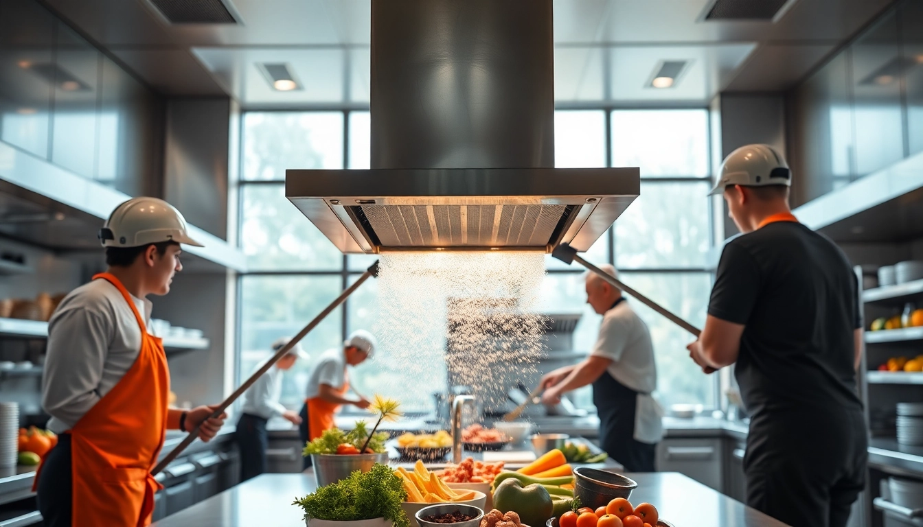 Professionals performing an Exhaust Hood Cleaning service in a busy kitchen, showcasing diligence and cleanliness.