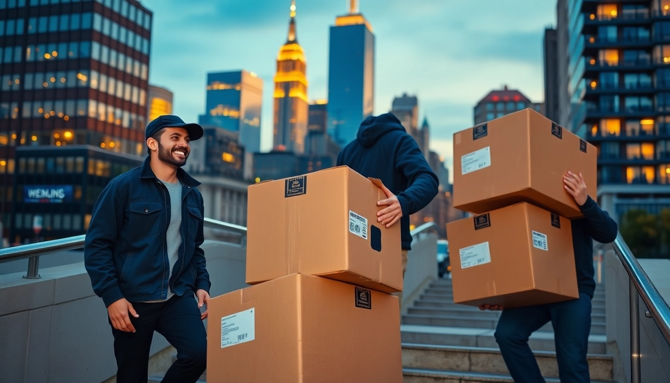 Movers nyc moving boxes in New York City, showcasing professionalism and energy.