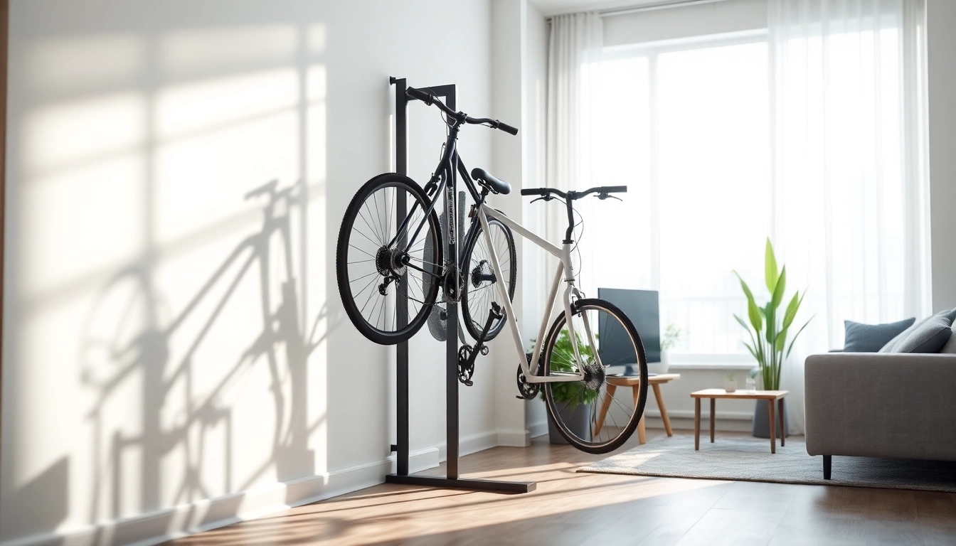 Compact bike storage solution elegantly displayed in a modern urban apartment.