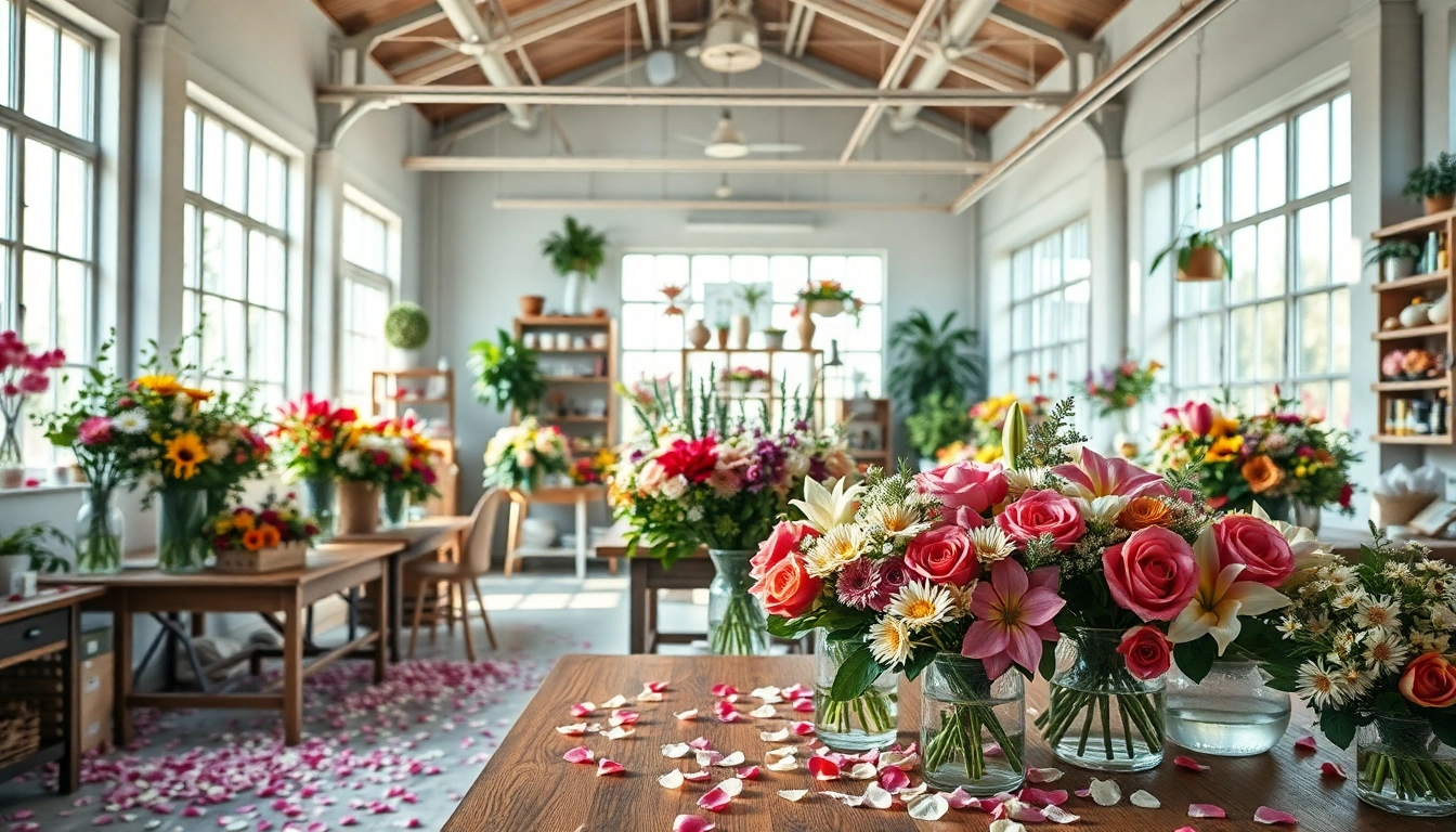 Crafting beautiful floral arrangements at Florist Wollert's serene and vibrant workspace.