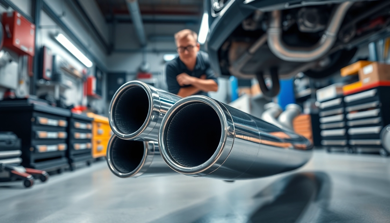 Examine high-quality B58 downpipes in a modern garage environment with tools nearby.