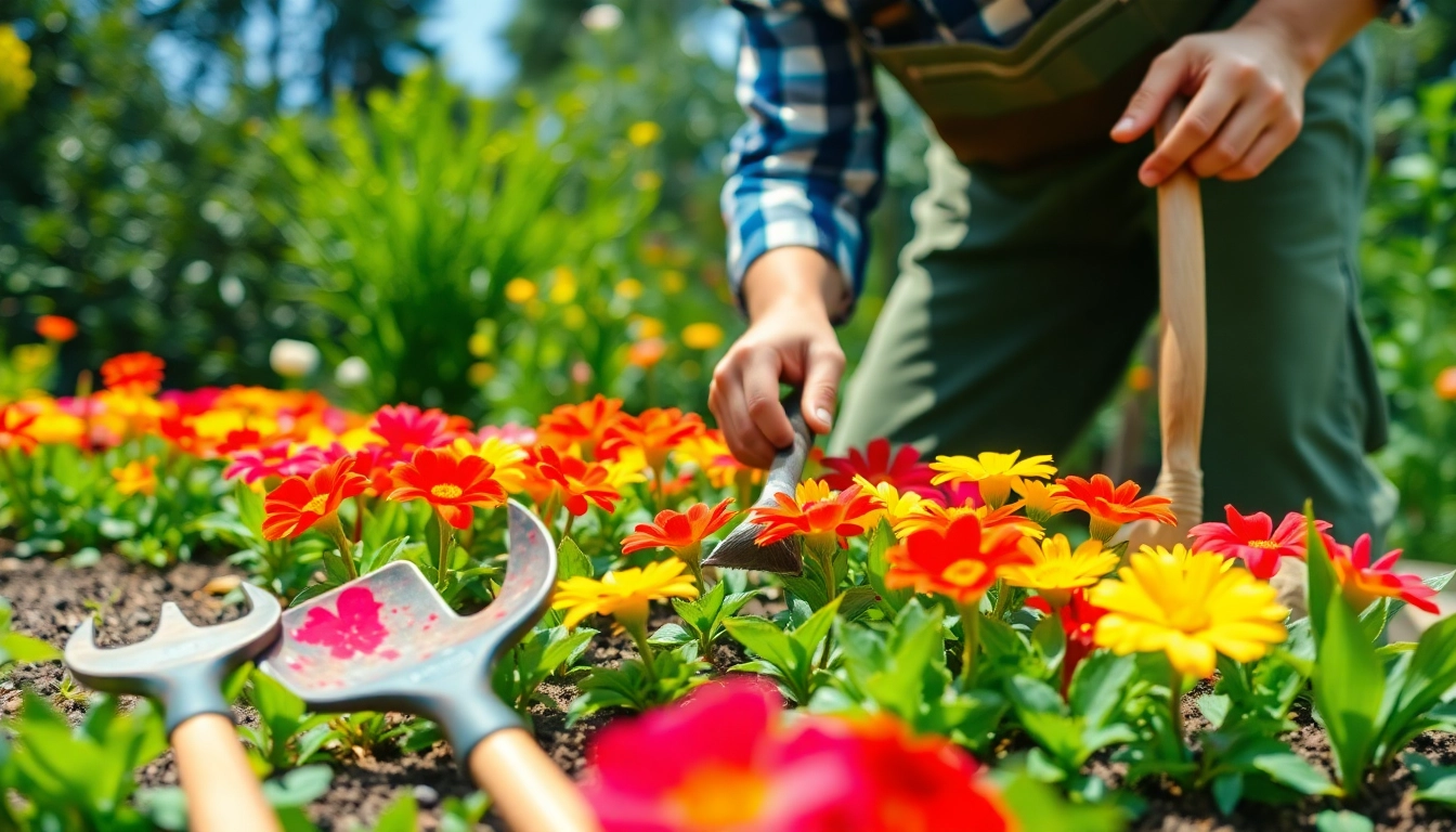 Effektive Gartenpflege Gießen in einem gepflegten Garten mit bunten Blumen und Werkzeugen.