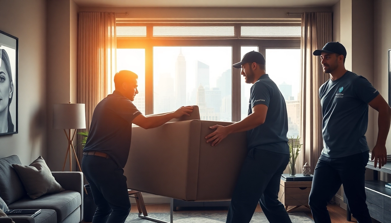 Movers from a trusted Moving company nyc lifting a sofa in an NYC apartment, showcasing teamwork.
