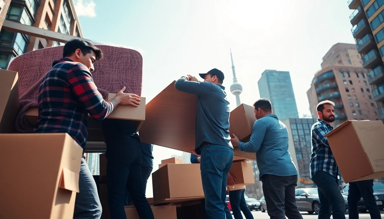 Movers in Toronto skillfully lift heavy furniture during a residential move, showcasing teamwork.