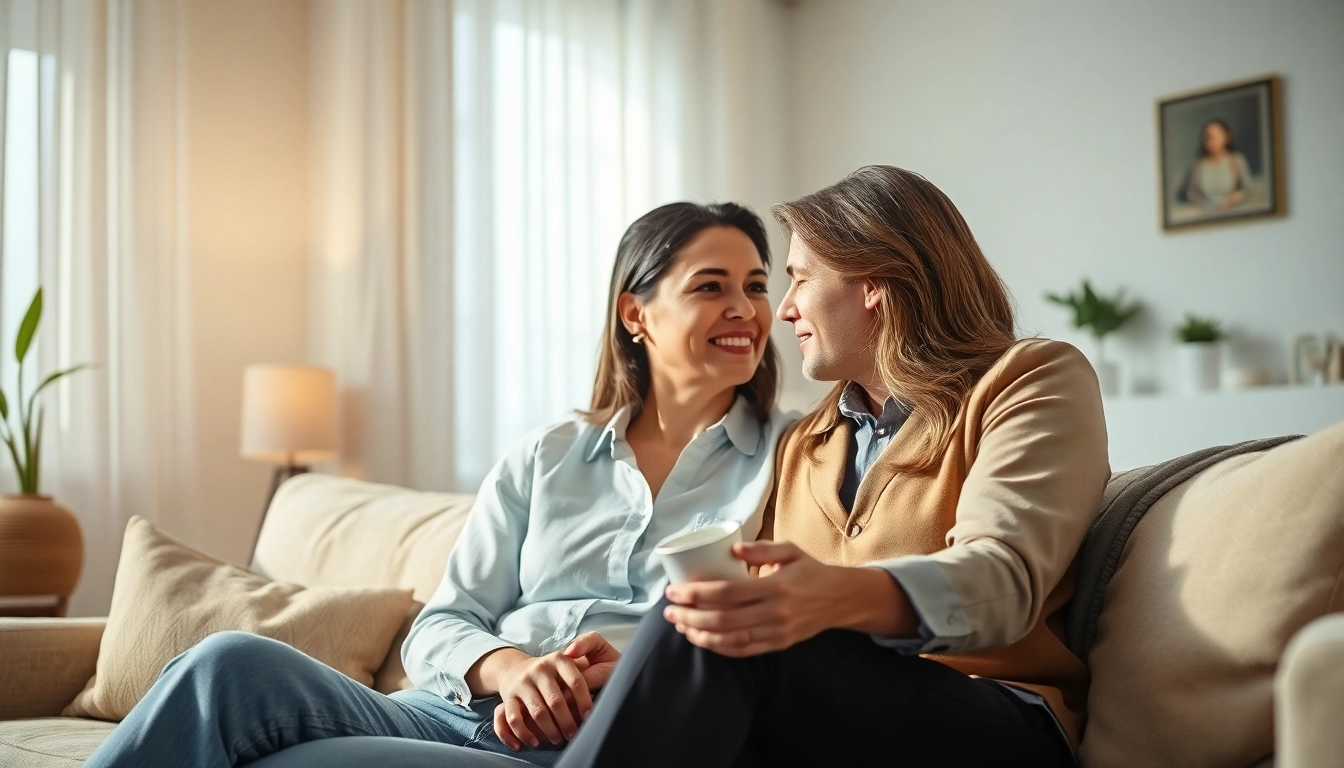 Couple sharing effective communication in relationships on a cozy couch.