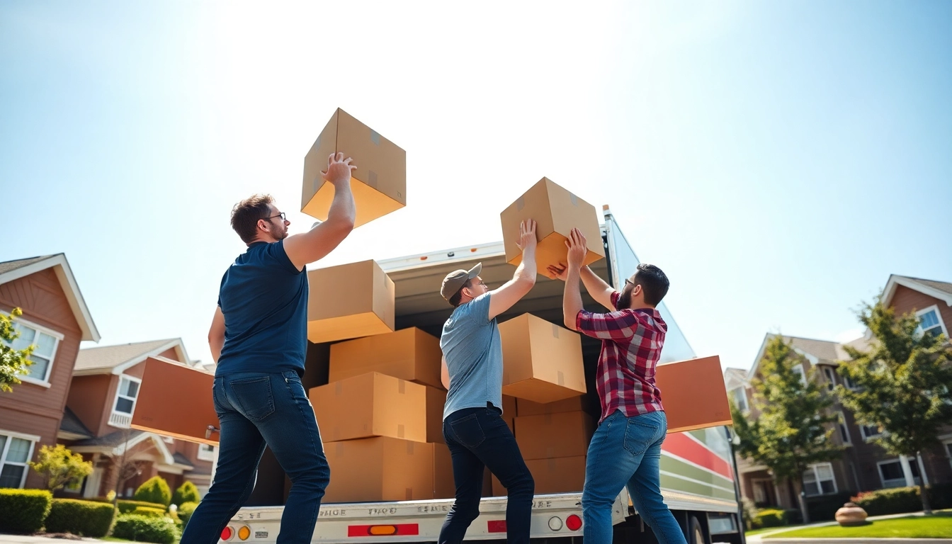 Movers calgary gracefully lifting colorful boxes into a truck during a sunny day.
