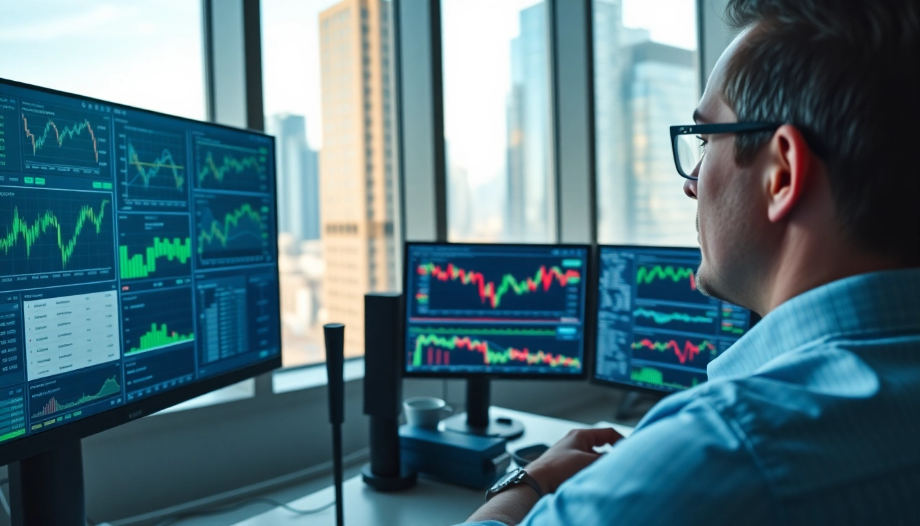 Trader evaluating innovative trading strategies with advanced technology in a professional setting.