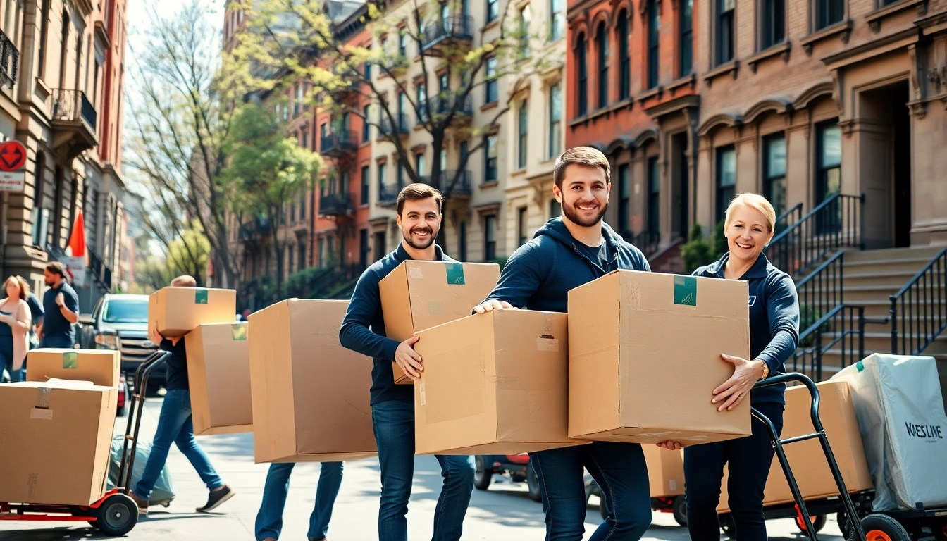 Brooklyn movers expertly transporting goods in a lively Brooklyn neighborhood.