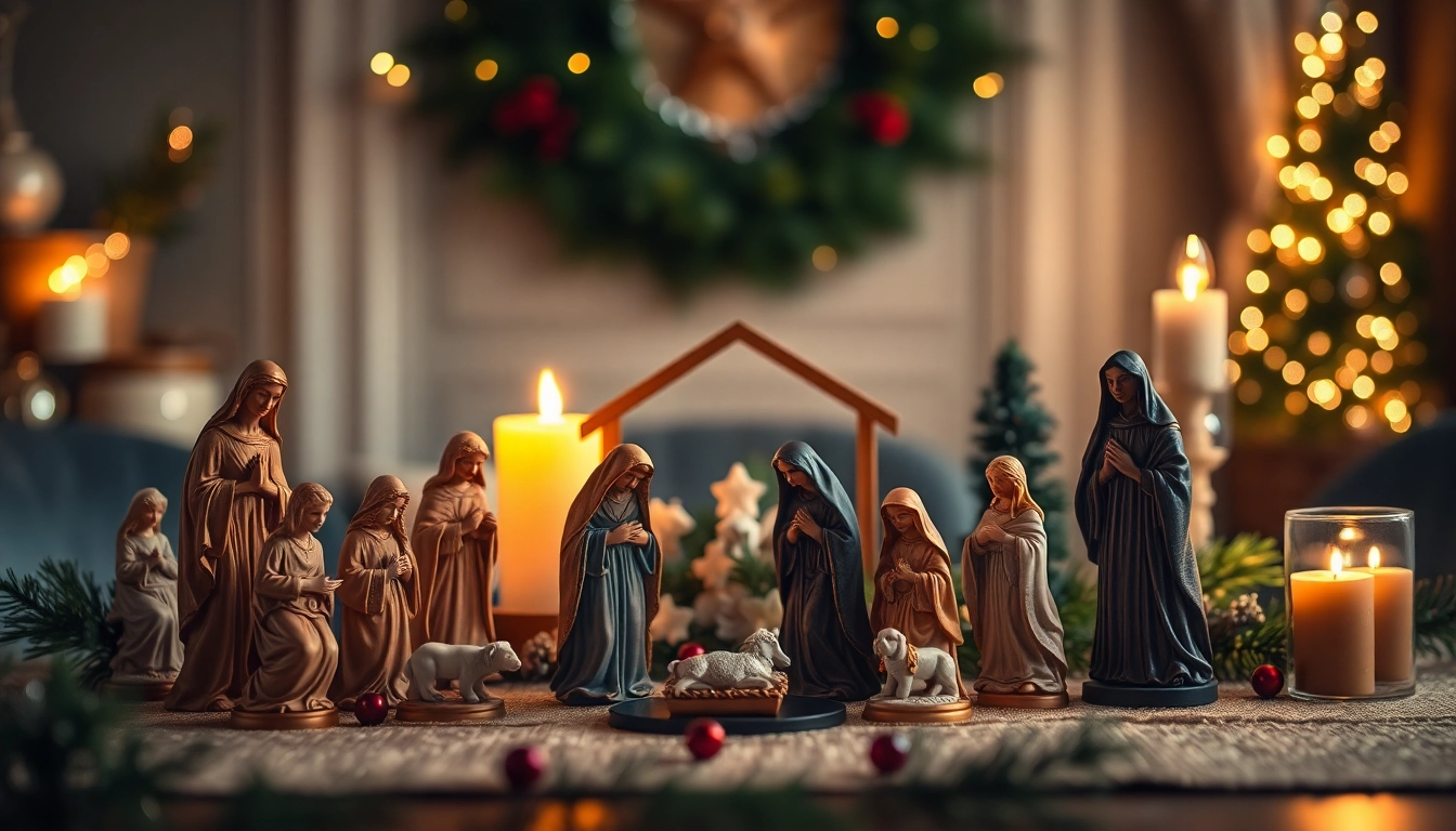 Beautifully arranged nativity sets capturing festive spirit on a decorated holiday table.