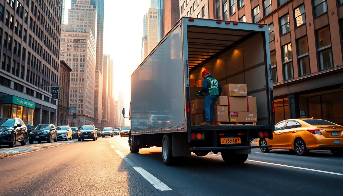 Loading boxes into a moving truck in NYC by cheap movers nyc with a vibrant urban backdrop.
