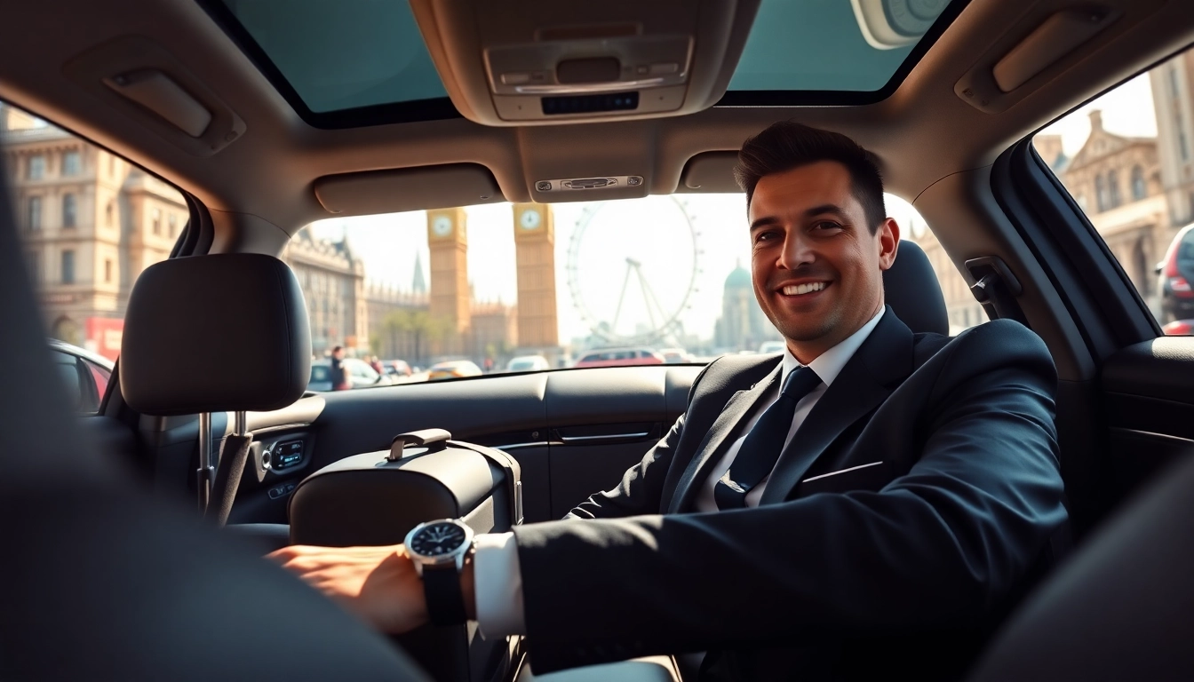 Experience luxury chauffeur service london with a professional driver in a sleek black car against iconic London landmarks.