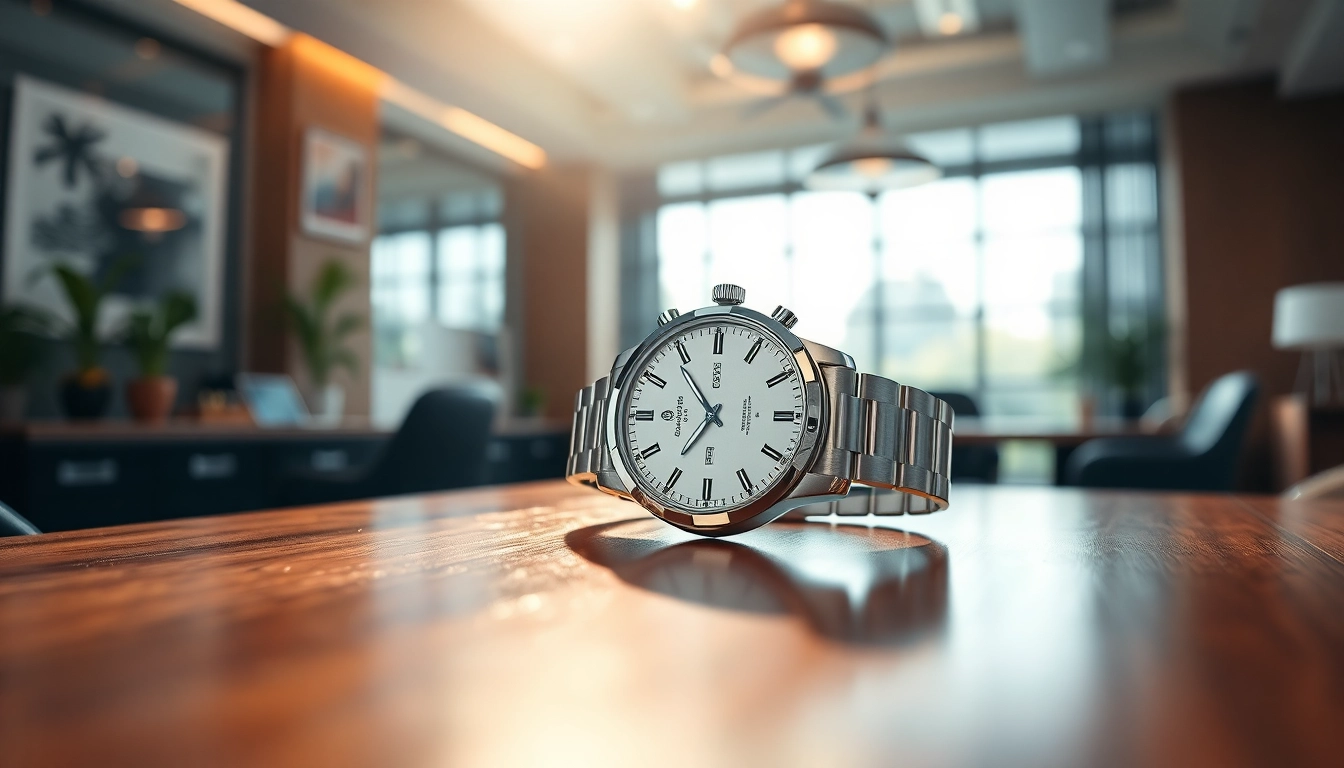 Elegante Herren Armbanduhr auf poliertem Holz mit natürlichem Licht beleuchtet.